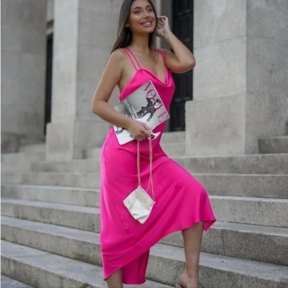 Zara Satin Slip Dress with Criss Cross Back Blogger Favorite in Pink - Picture 6 of 12